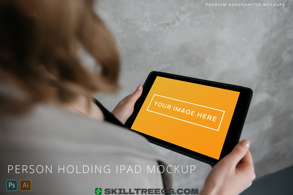 Person Holding iPad Photo Mockup Grey Background（973631）-技能树
